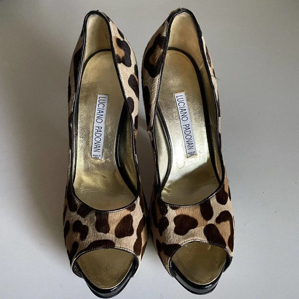 Luciano Padovan Peep Toe Pump Pony Hair Calf Animal Print Leopard Cheeta…